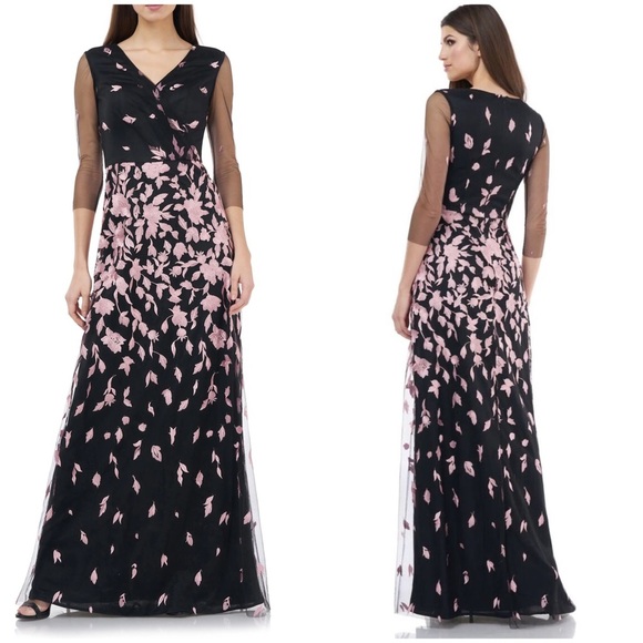 JS COLLECTIONS | Women’s Embroidered Mesh Surplice Gown In Black/ Blush Size 14 - Picture 1 of 8